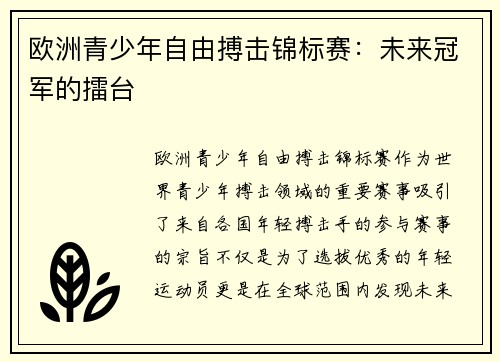 欧洲青少年自由搏击锦标赛：未来冠军的擂台