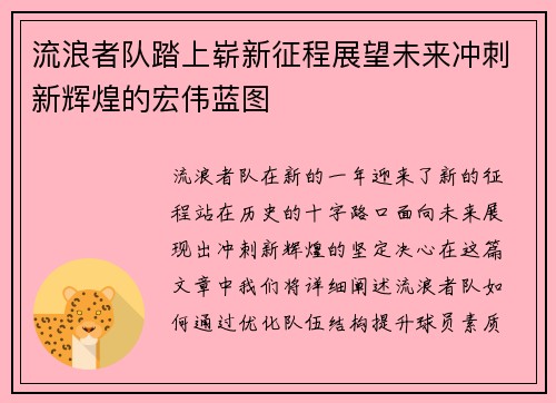 流浪者队踏上崭新征程展望未来冲刺新辉煌的宏伟蓝图